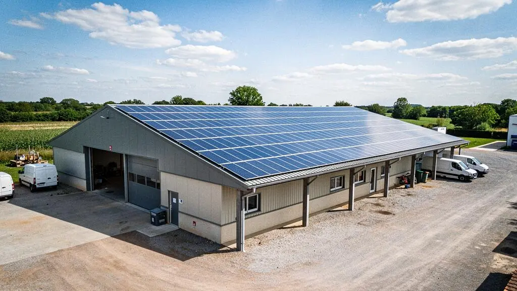 Bâtiment professionnel agricole ou industriel français équipé d'une installation photovoltaïque complète sur toiture