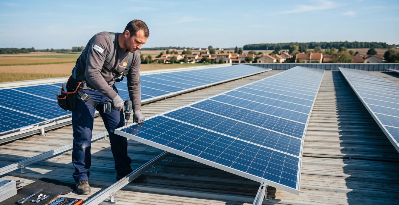 Technicien installant des panneaux solaires photovoltaïques sur le toit d'un bâtiment industriel en France