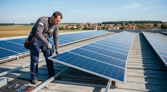 Technicien installant des panneaux solaires photovoltaïques sur le toit d'un bâtiment industriel en France