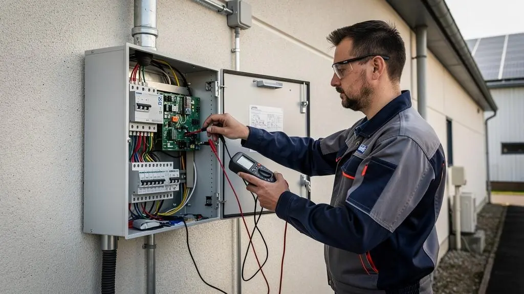 Technicien photovoltaïque effectuant des tests électriques sur un onduleur solaire avec un multimètre